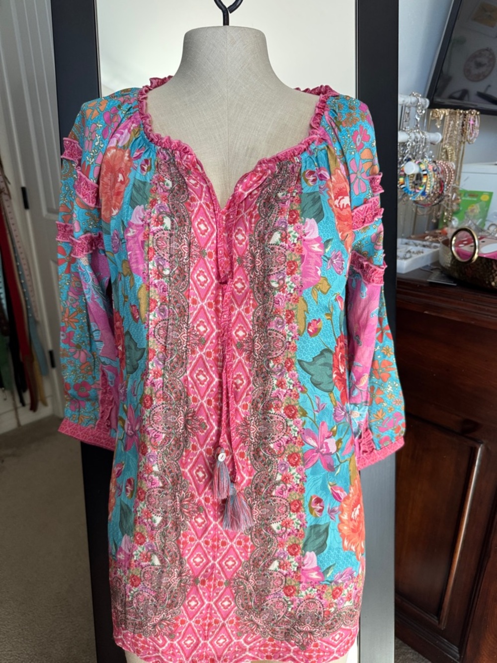 Boho Floral Pink & Turquoise V-Neck Peasant Top- size S relaxed fit